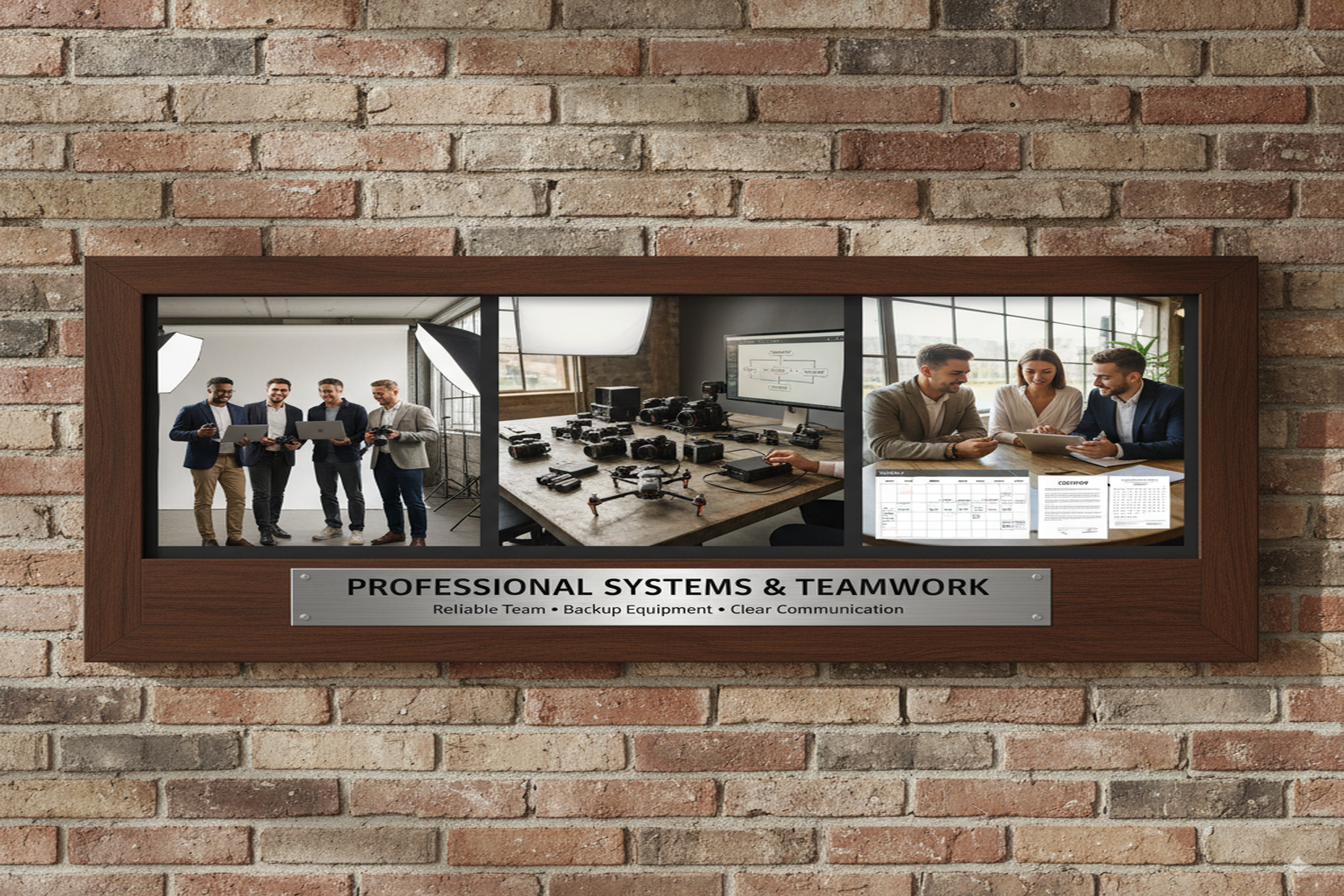 A framed wall display mounted on a brick wall showing three photos side by side. The left photo shows three men standing in a photography studio holding laptops and cameras. The middle photo shows a table full of professional camera equipment, including lenses, drones, and monitors. The right photo shows three people sitting at a table reviewing documents together. Below the photos, a plaque reads: “PROFESSIONAL SYSTEMS & TEAMWORK — Reliable Team • Backup Equipment • Clear Communication.”